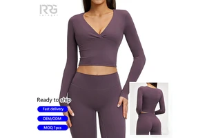Roregal New Women Snap Buttons Off-shoulder Long Sleeve Yoga Crop Top Ladies Workout Slim Fit Sports Fitness Wear for Gym