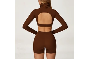 YanRuo Backless Long-sleeved Top, High-waisted Hip-lifting Shorts, Outdoor Fitness Yoga Set