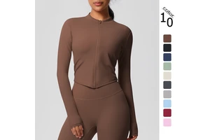 In-stock Cross-border Quick-dry Spandex/Nylon Brushed Fitness Zip-up Jacket Running Sports Tight-fitting Long-sleeve Yoga Top