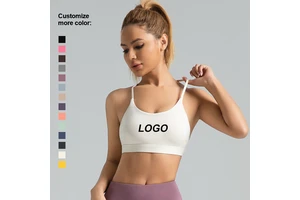 Custom Logo Short Spandex/Polyester Gym Yoga Sports Bra Women High Support Deep V-Neck Strappy Cross Back Casual Breathable