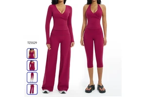 Brushed Yoga & Fitness Set-Women's Loose Casual & Stylish 3-Piece Long-Sleeve Outfit For Outdoor Running & Sports