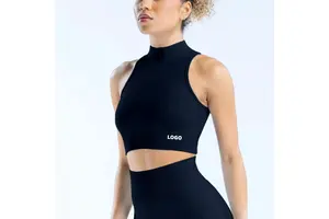 Custom Logo Women's Gym Top High Neck Half Zip Fitness Tank Top Slim Fit Stretchy Nylon Ribbed Sleeveless Yoga Sports Shirts