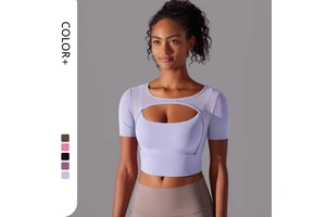 Sexy Mesh Women's Fitness Activewear Breathable Quick Dry Four-Way Stretch Skinny Fit Running Workout T-shirt Yoga Solid Color