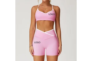 Women's Casual High Waist Cross-Over Yoga Top Knitting Fabric Contrast Collarless Above Knee Fitness and Running Suit