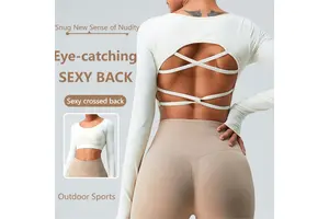 New Custom t Shirt Quick Dry Seamless Long Sleeve Yoga Girls T-shirts Women's Cross Back Yoga Top Running Sports Women T-shirt