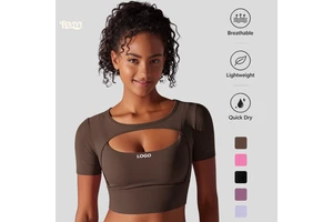 Custom Logo Sports Tops for Women Slim Fit Yoga Tops Breathable Hollow-out Sexy Workout Short-sleeve Crop Top Yoga t Shirt