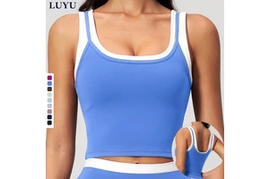 Hot Sale Contrast Color Double Layer Nude Workout Fitness Tank Tops Built in Bra Stylish Beauty Back Tops for Yoga Running