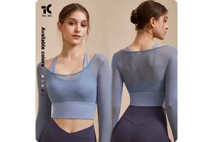 Women's Long Sleeve Yoga Tops New Design Quick Dry Spandex Fitness Crop Gym Workout Breathable Mesh Front Skinny Fit Crew Neck