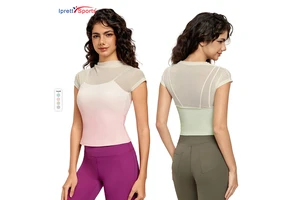 Cushion Two Pieces Mesh Connect Yoga Shirt Breathable Short Sleeved with Chest Pad for Pilates Fitness Suit