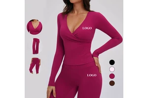 Custom Logo Cover up Style Gym Wear Quick Dry Yoga Top Breathable Women Deep V Neckline Long Sleeve T Shirts