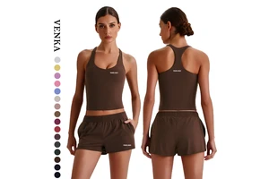 Women Summer Racerback V-Neck Solid Chest Pad Tank Top Elastic Waist Loose Pockets Shorts Quick Dry Breathable Fitness Sports
