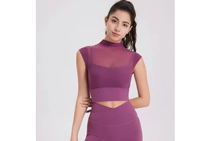 Short Sleeve Soft Yoga Tops Mesh Patchwork Breathable Gym Padded Shirts Girls Workout Plus Size Workout Wear Pilates Clothing