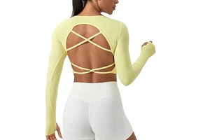 Hot Sale Women Gym Cross Back Trendy Fitness Crop Top Lace up Backless Mock Neck Long Sleeve Cropped Yoga Shirts