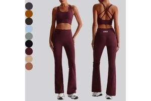 Custom LOGO Womens Super Soft Stretchy Brushed High Waist Flared Leggings Workout Sportswear Yoga Set