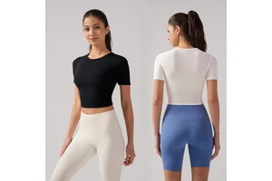 Women's Summer Crew Neck Short Sleeve T Shirt Cropped Slim Fit Slimming Ribbed Yoga Top Breathable Quick Dry Sports Top