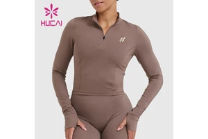 HUCAI OEM Polyester Custom logo Printed Slim Fit Quarter Half Zip Fitness Long Sleeve Yoga Gym Top Shirt for Women
