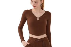 Women's Long Sleeve Yoga Shirt Spandex/Nylon Material Breathable Sweat-Wicking Four-Way Stretch Skinny Fit Crop Top Fitness