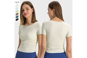Women's Striped Ribbed High Elasticity Yoga Top Tshirt Breathable Slimming Workout Fitness Sports Short Sleeve Quick Dry Side
