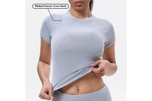 Round Neck Short Sleeve Tight T Shirt for Women 94%Rayon 6%Spandex Ribbed Short Sleeve Crop Tops Blank Women Slim Fit T Shirt