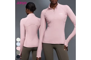 Janya Breathable Slim Fit Gym Sports Yoga Shirts Long Sleeve Half Zipper Stand Collar Fitness Tops with Hidden Pocket for Women