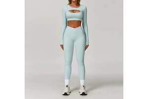 Hollow Out Design Seamless Yoga Set Long Sleeve Crop Top High Waist Leggings Yoga Set Sports Outfit for Gym Workout