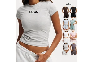 China Manufacture Logo Design Causal Women's Soft Slim Fit Crop Top 82 Polyester 18 Elastane Round Neck T Shirts for Women