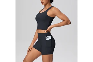 TongJoes Brushed Solid Lightweight Breathable Wrinkle-Resistant Scoop Neck Tank Top High Waist Pocket Pants Yoga Sports Fitness