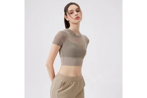 XW-DX3257 New Design Ladies Short Sleeve Sports Hoodie Mesh Paneling Women's Crop Top with Build in Bra Slim Fit Yoga T Shirt