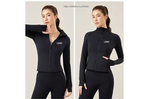 Women Slim Fit Yoga Jacket Stand Collar Zipper Long Sleeve Running Fitness Gym Sports Activewear Top Tight Fit Yoga Jacket