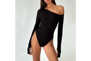 Hollow Out Long Sleeve Asymmetric Bodysuit Backless Design Solid Color Sports Top Sexy Hot Girl Yoga Fitted Top