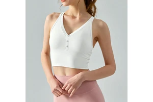 Women's Premium V Neck Push up Yoga Bra Cross Back Decorative Buttons Removable Pads Breathable Gym Sports Bras for Running