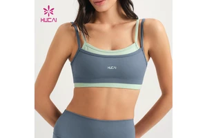 HUCAI Custom Logo Polyester Spandex High Quality Scoop Neck Thin Strap Layered Double Layer Yoga Top Sports Bra for Women