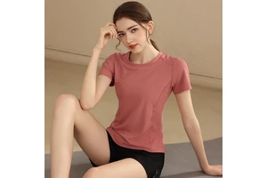 Women's Sexy V-Neck Fold Yoga Tops with Thumb Hole Breathable Sports Wear Plus Size Short Sleeve Waist Retraction Fitness Top
