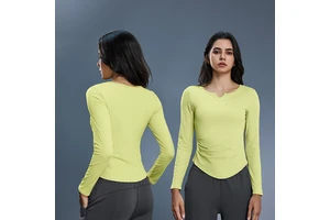 Roregal V Neck Yoga Long Sleeve Top Waist Pleats Women's Fixed Cup Fitness t Shirts Long Sleeve