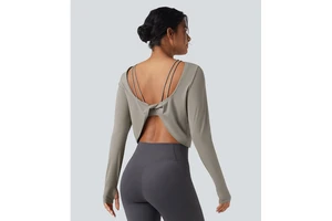 ODM/OEM Women's QuickDry Backless Twist-back Long Sleeve Thumb Holes 2-in-1 Yoga Sports Top Cropped Fitness Active Shirt