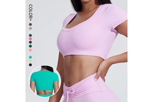 SHINBENE Women's Double Lined Short Sleeve Top V Neck Slim Fit T Shirts Cute Summer Basic Tees