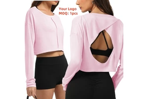 Aoyema Yoga Clothes Gym Fitness O-Neck Crop Long Sleeve Top Lightweight Gym Woman Sports Wear Hollow Back Shirts