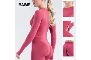 Women's Seamless Long Sleeved Yoga Suit, Round Neck Sports Top, Tight Fitting Outdoor Fitness Suit