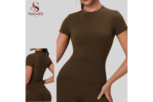 SMOOTH Round Neck Fitness Top Unpadded Short-sleeved Women's Quick-drying Breathable Tight-fitting Sportswear, Outdoor Yoga Wear