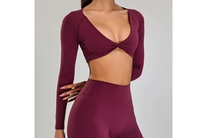 Front-Center Twist-Pleated Fashion Yoga Top Breathable Fitted T-Shirt Fitness Casual Quick-Dry Running Sports Long Sleeve