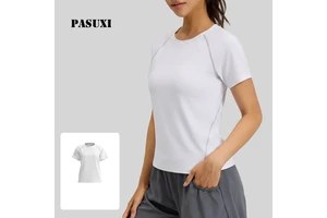PASUXI Women Yoga Top Short Sleeve Breathable Moisture Wicking Sportswear Solid Gym Fitness Workout Regular Fit Athleisure Front