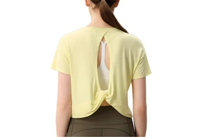 Womens Tops Short Sleeve Open Back Twist Crop Gym Clothes Activewear Loose Fit Breathable Quick Dry Yoga Fitness Workout Running