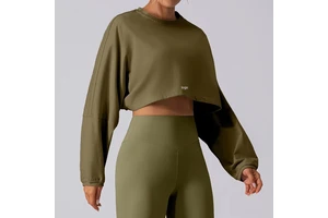 Women's Breathable Spandex/Nylon Wrinkle-Resistant Solid 220g Fitness Sweatshirt Short Neck Loose Long Sleeve Top Yoga Sports