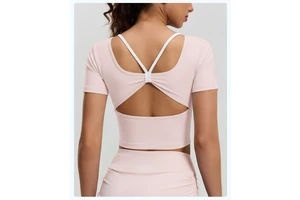 New Style Beautiful Back Yoga Top Chest Pads Short-Sleeve Crossed Sports Breathable Fitness Wear Women's