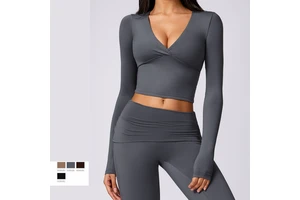Custom Women's Sexy Deep V Neck Slim Fit Sportswear Crop Top Long Sleeve Pleated Yoga Top Active Wear Gym Fitness Wear