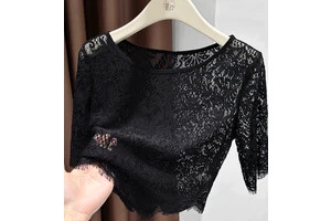 Women's Black Lace Hollowed Out Short Sleeved Top with Round Neck and Perspective Short, Slim Fit and Sexy Pullover T-shirt