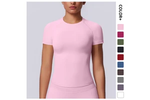 New Seamless Solid Color Tight High Elastic Breathable Spandex/Nylon Short Sleeve T-shirt for Sports Running Fitness Yoga Women