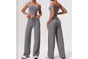 Nude Yoga Wear Off-the-shoulder Tight Quick-drying Fitness Wear Sets Loose Casual Straight-leg Pants Sportswear Set for Women