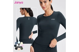 Janya Breathable Moisture Wicking Front Logo Pullover Athletic Wear Crew Neck Slim Fit Long-Sleeved Quick Dry Fitness Yoga Shirt