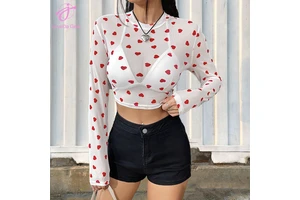 Loveda Cheap Price Summer Women Polyester Love Heart Printed Translucent Crew Neck Long Sleeve Slim Fit Midriff-baring Short Top
